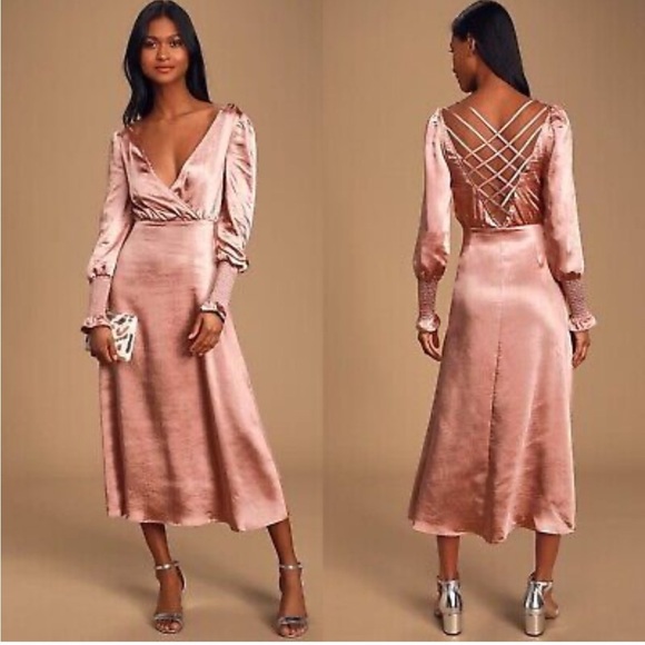 NWT Lulus Exclusive!Elegant Mauve Metallic Pink Satin,Backless Dress, Size XS - Picture 5 of 11